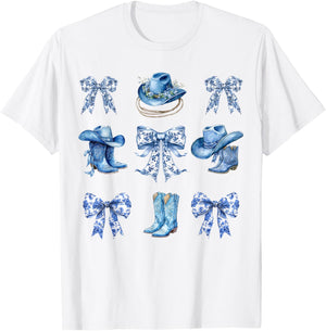 Blue Coquette Cowgirl Bows Boots Cowboy Hat Western T-Shirt - T-Shirt | White
