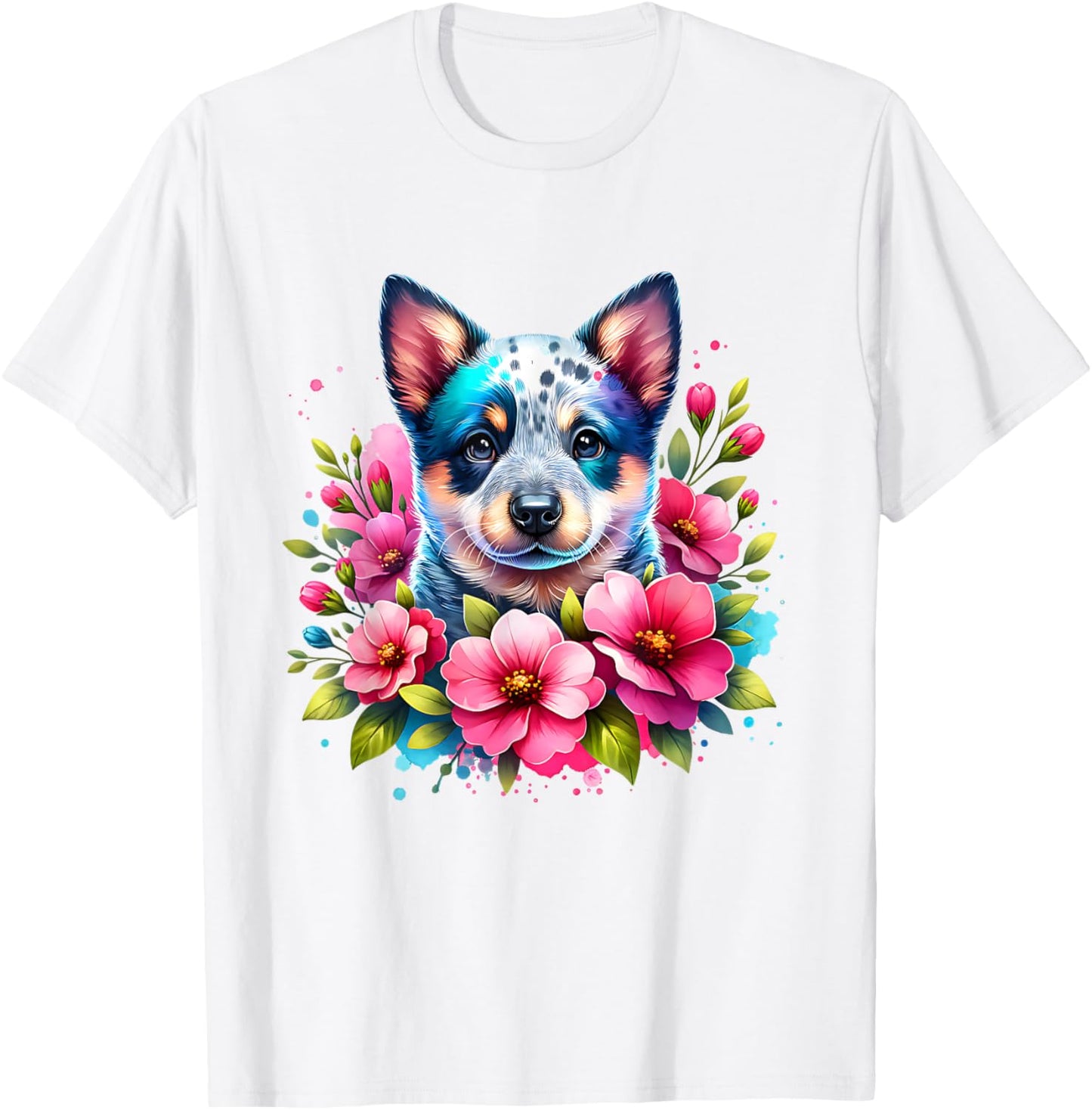 Watercolor Blue Heeler Mom Pink Flower Australian Cattle Dog T-Shirt - T-Shirt | White