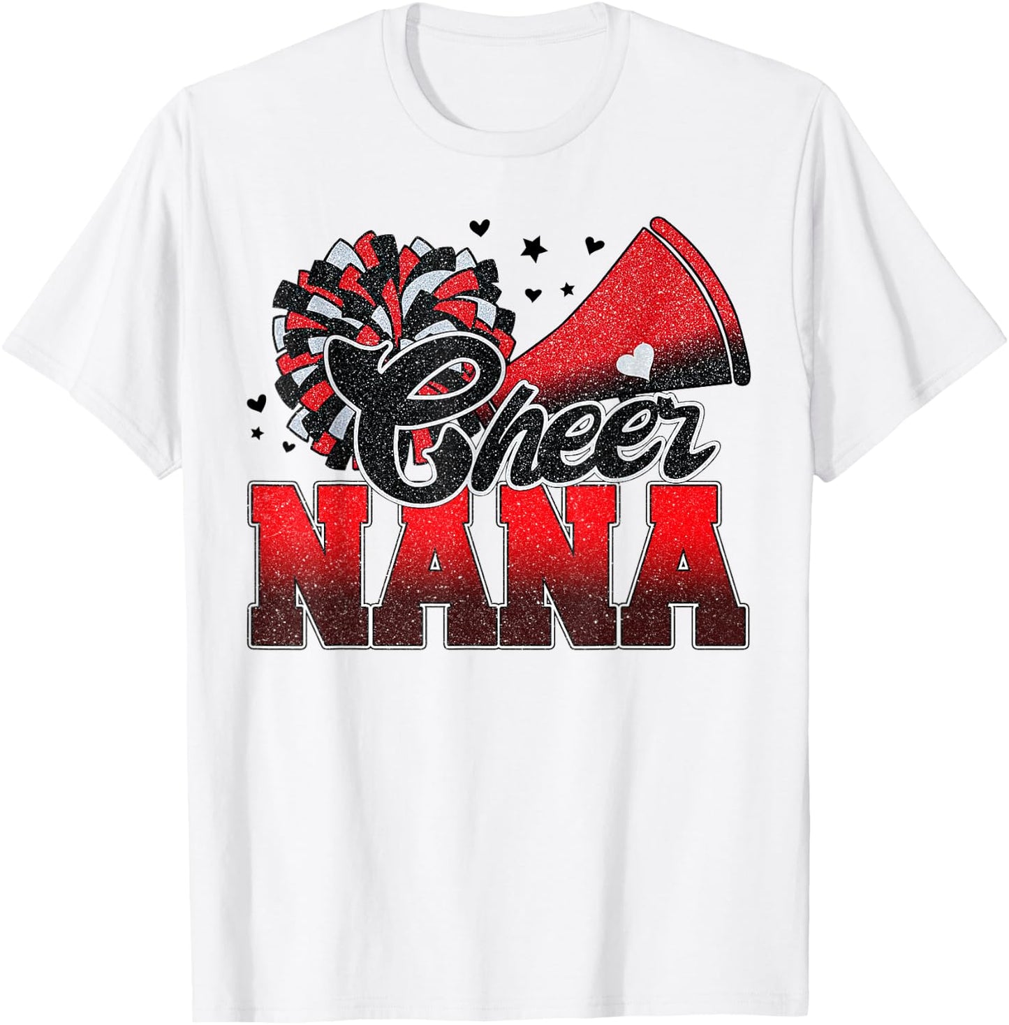 Cheer Nana Cheer Leader Gift Biggest Fan Black Red Pom Pom T-Shirt - T-Shirt | White