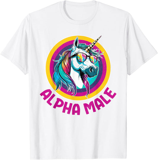 Alpha Male Rainbow Unicorn Funny Ironic Rude Humor Retro T-Shirt - T-Shirt | White