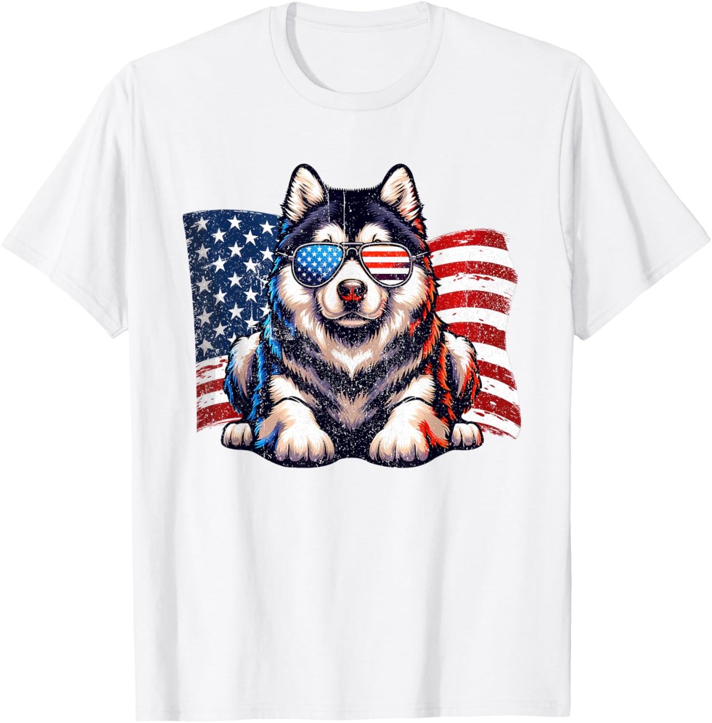 Vintage Alaskan Malamute American Flag Sunglasses Patriotic T-Shirt - T-Shirt | White