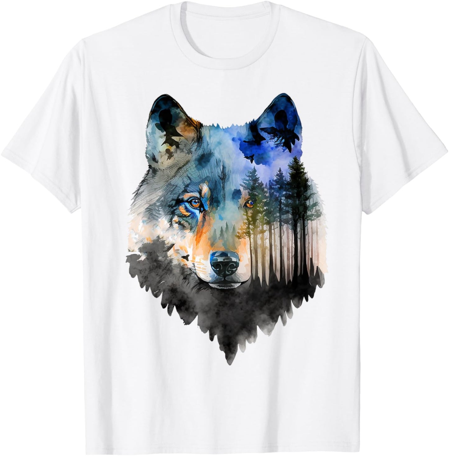 Wolf Forest Landscape Animal Face Art Animal Lover Wolf T-Shirt - T-Shirt | White