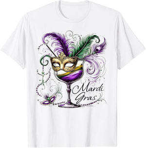 Mardi Gras Glass Of Wine Drinking Team Masked Wine Festival T-Shirt - T-Shirt | White