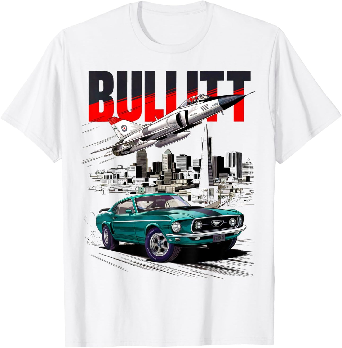 Bullitt Muscle Car Fighter Airplane Speed , white, S T-Shirt - T-Shirt | White