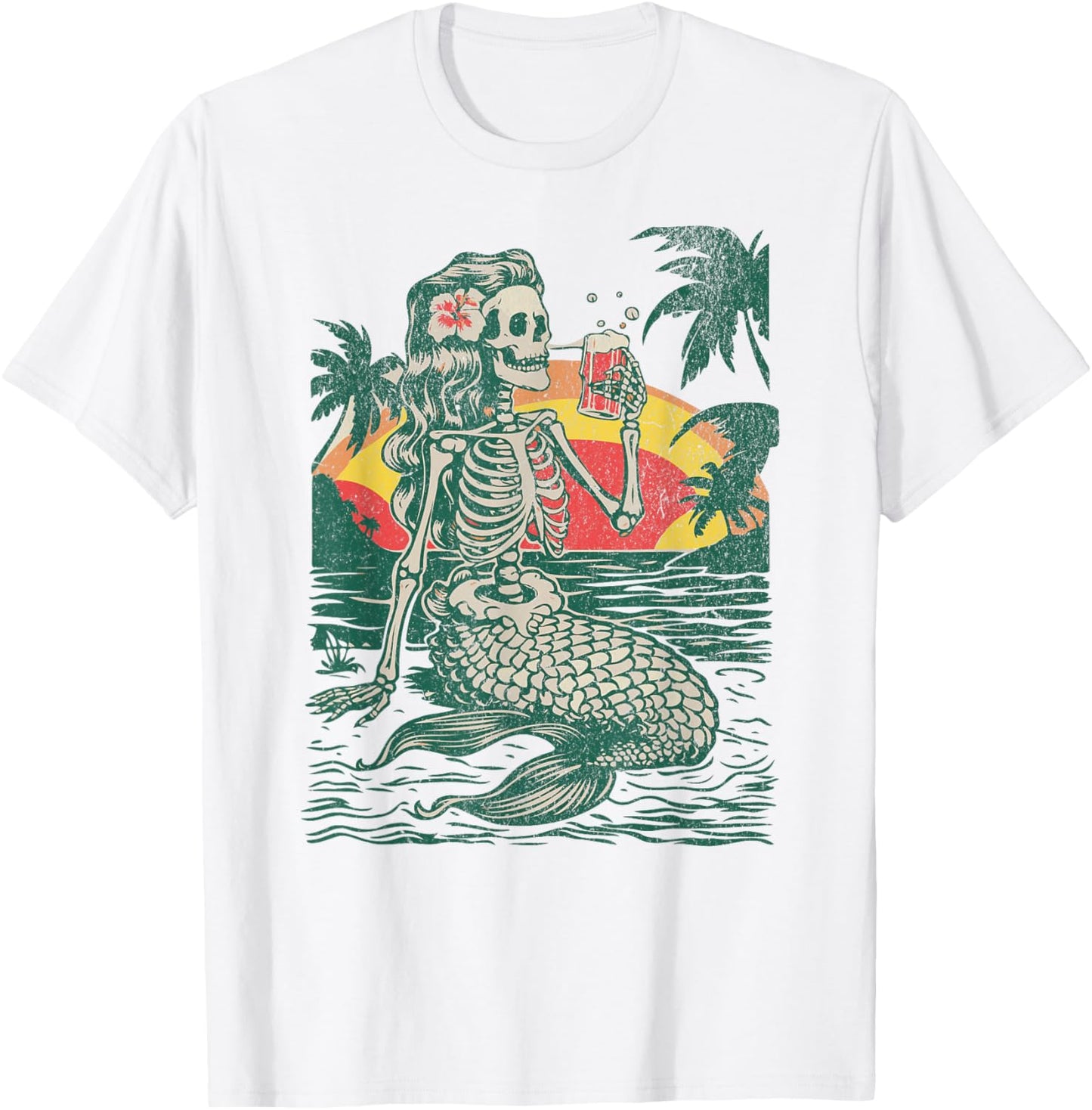 Skeleton Mermaid Drinking at Sunset Retro T-Shirt - T-Shirt | White