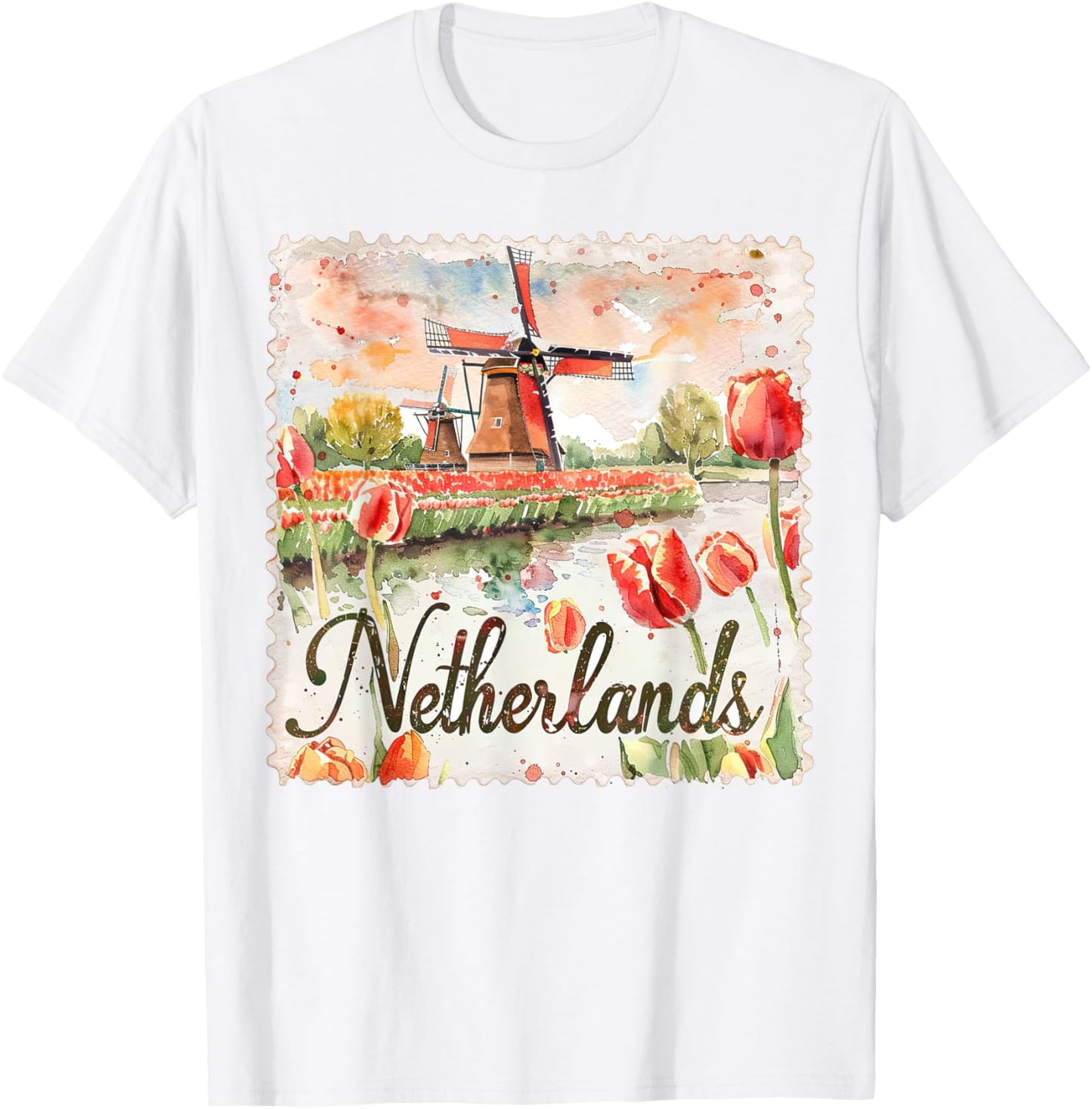 Netherlands Watercolor Windmill Tulips Travel Souvenir T-Shirt - T-Shirt | White