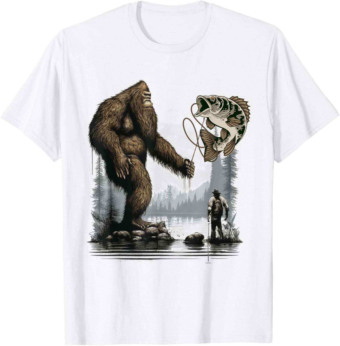 Bigfoot Fishing Funny Sasquatch Fish T-Shirt - T-Shirt | White