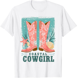Coastal Cowgirl | Western Country Beach Surfer Girl Cowboy T-Shirt - T-Shirt | White