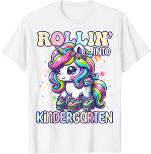 Kindergarten Back To School First Day Girls Rollin Unicorn T-Shirt - T-Shirt | White