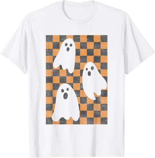 Halloween Ghosts Spooky Season Checker Board Distressed T-Shirt - T-Shirt | White