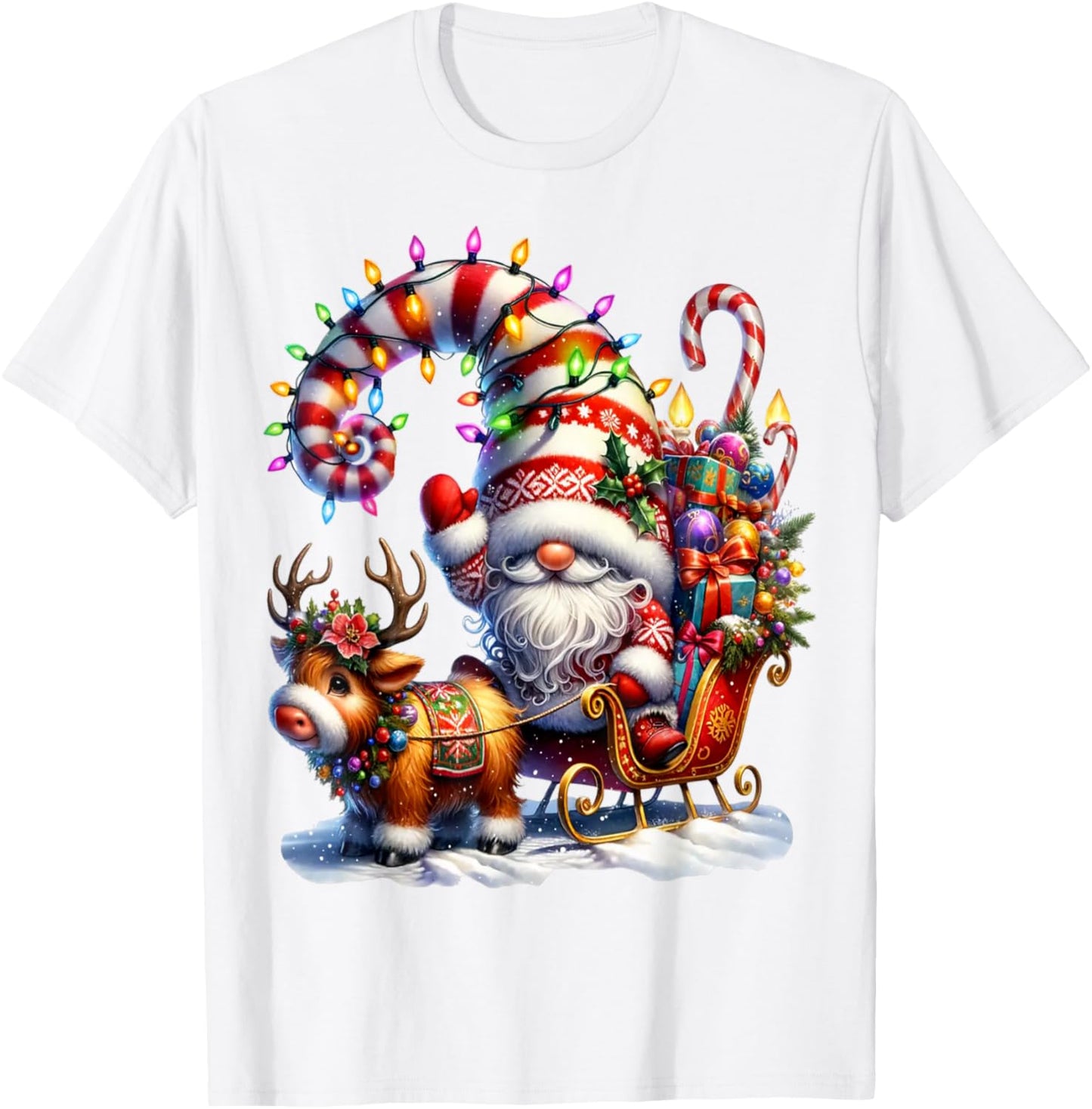 Christmas Light Gnome Santa Claus Riding Sleigh Highland Cow T-Shirt - T-Shirt | White