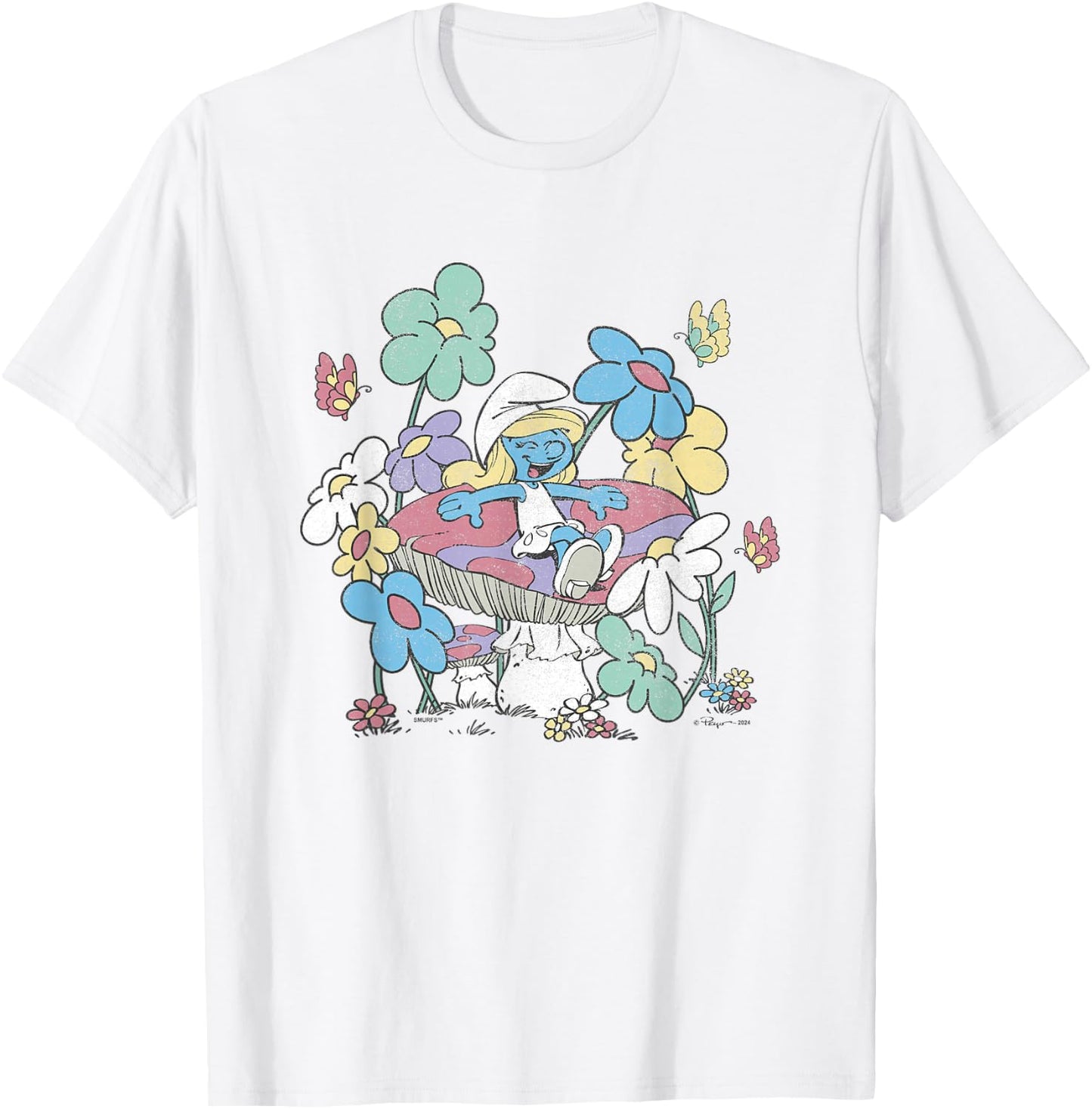 The Smurfs Smurfette Having Fun In Nature Distressed T-Shirt - T-Shirt | White
