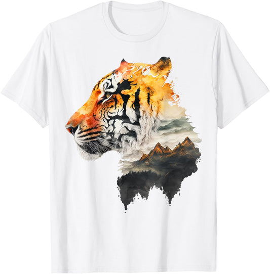 Tiger Mountains Landscape Animal Print Art Tiger T-Shirt - T-Shirt | White