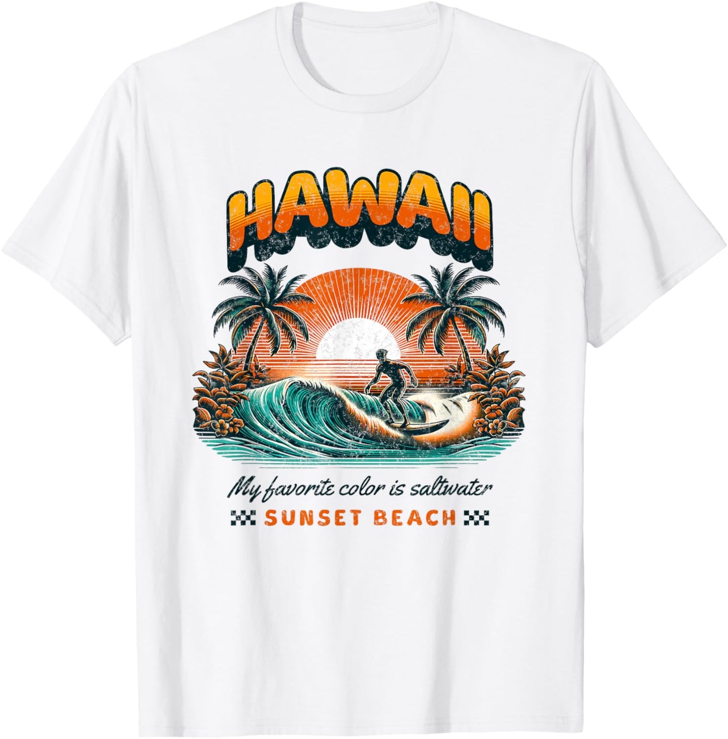 Surf rétro à Hawaï au coucher du soleil T-Shirt - T-Shirt | White