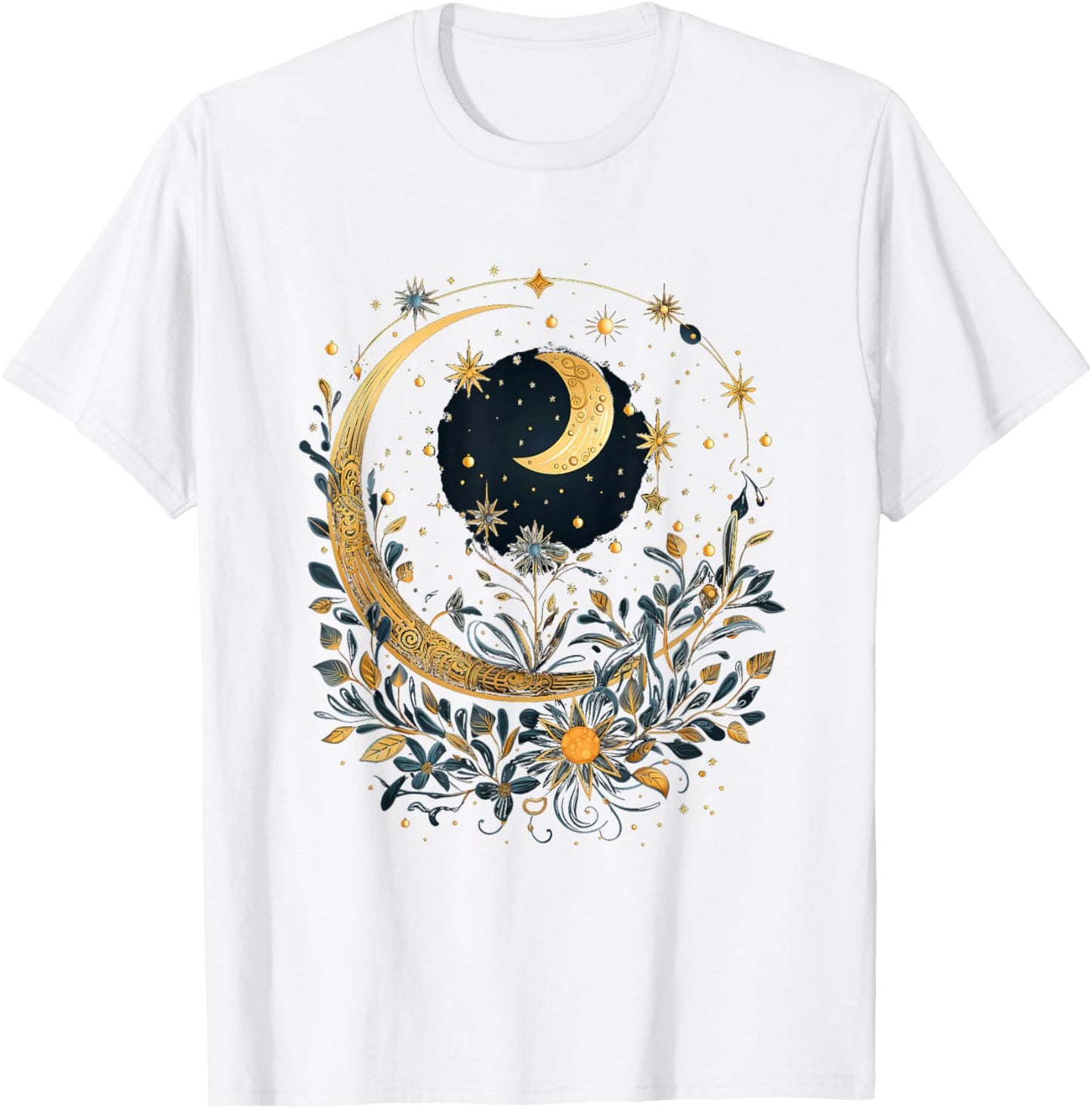 Mystical Sun and Moon with Woman Mystical Flowers Aesthetic T-Shirt - T-Shirt | White