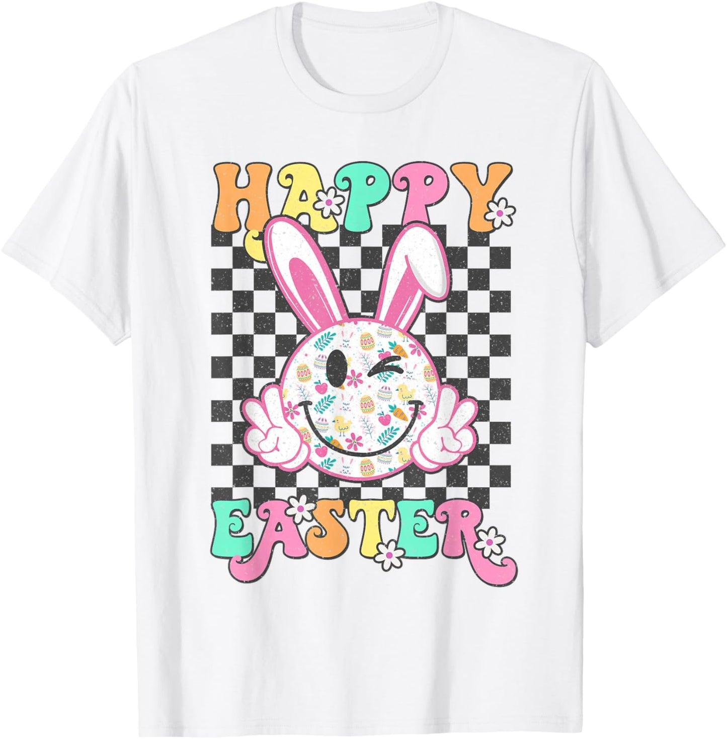 Retro Groovy Happy Easter Bunny Checkered Smile Girls T-Shirt - T-Shirt | White