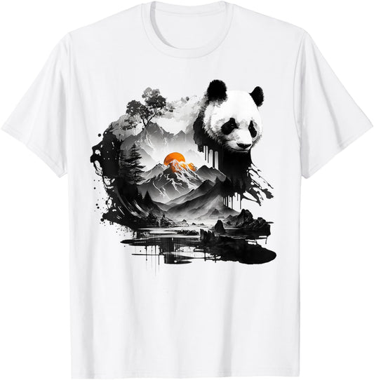 Panda Landscape Sun Animal Print Art Panda T-Shirt - T-Shirt | White