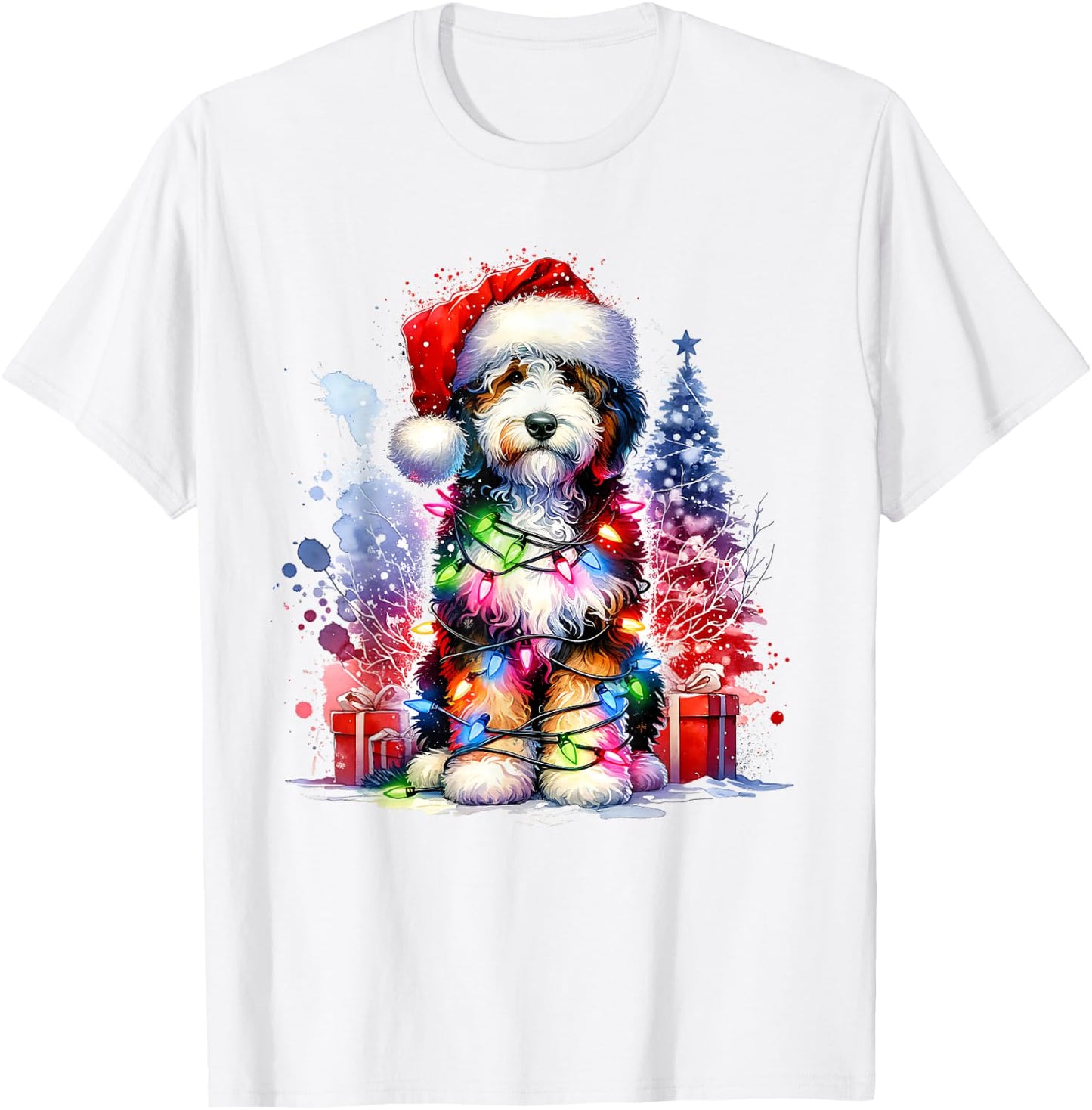 Festive Bernedoodle Dog Santa Hat Christmas Tree Lights Women Kids T-Shirt - T-Shirt | White