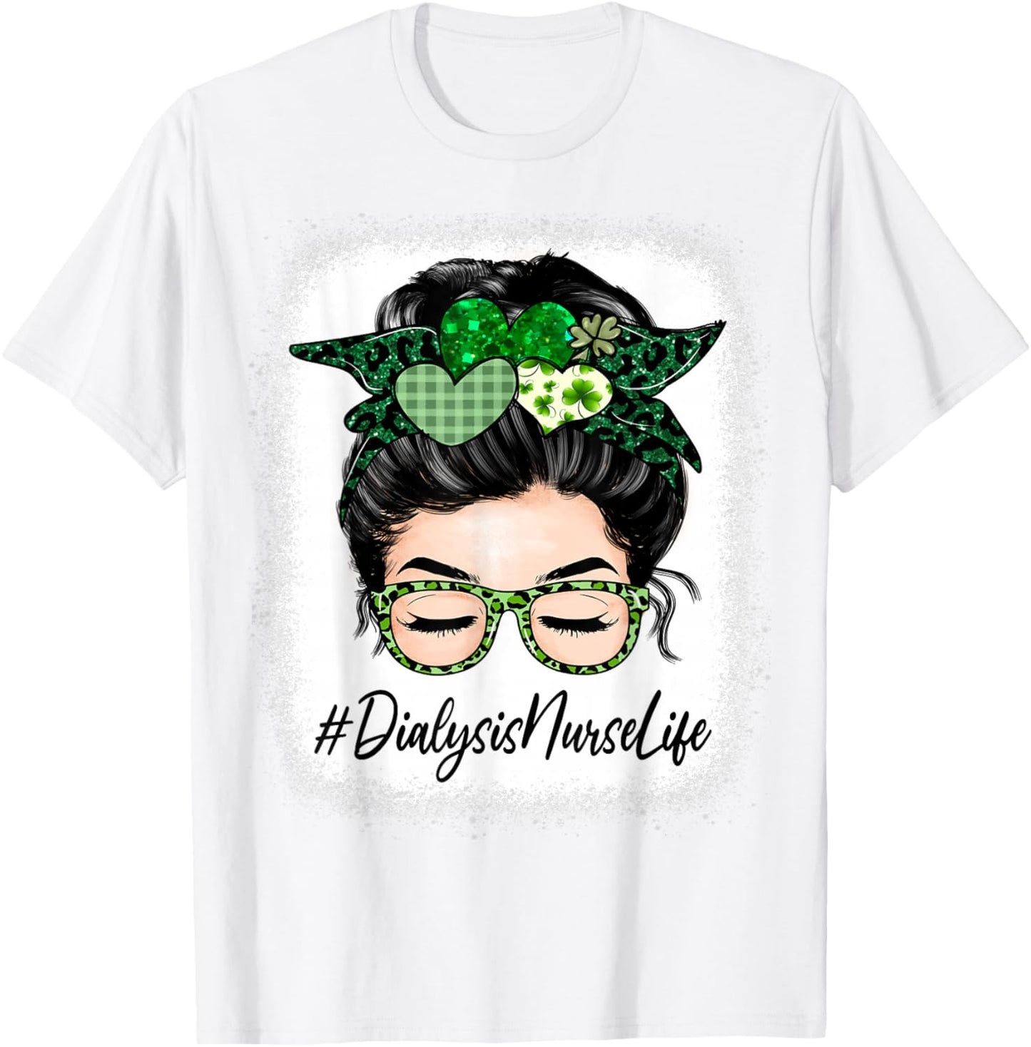 Dialysis Nurse Women Messy Bun St Patrick's Day Shamrock T-Shirt - T-Shirt | White