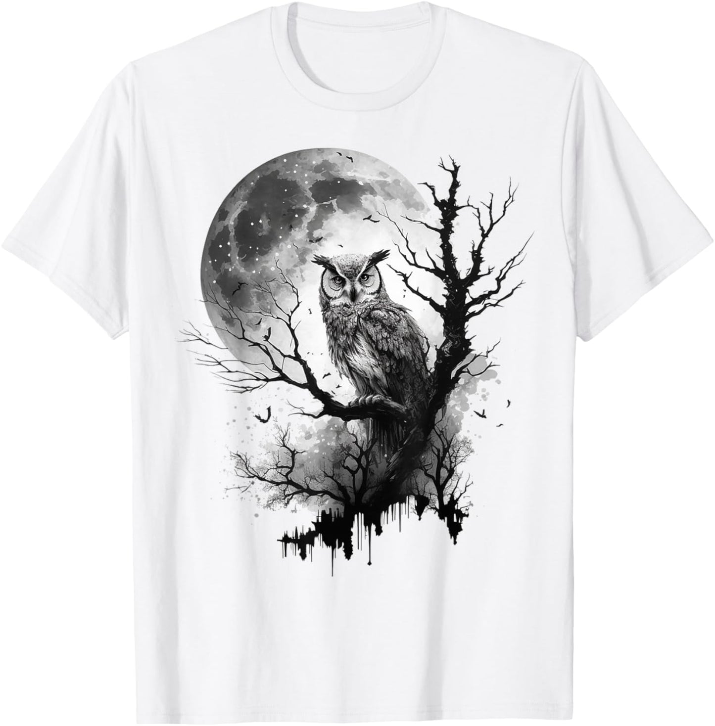 Owl Moon Tree Animal Print Art Animal Lover Owl T-Shirt - T-Shirt | White