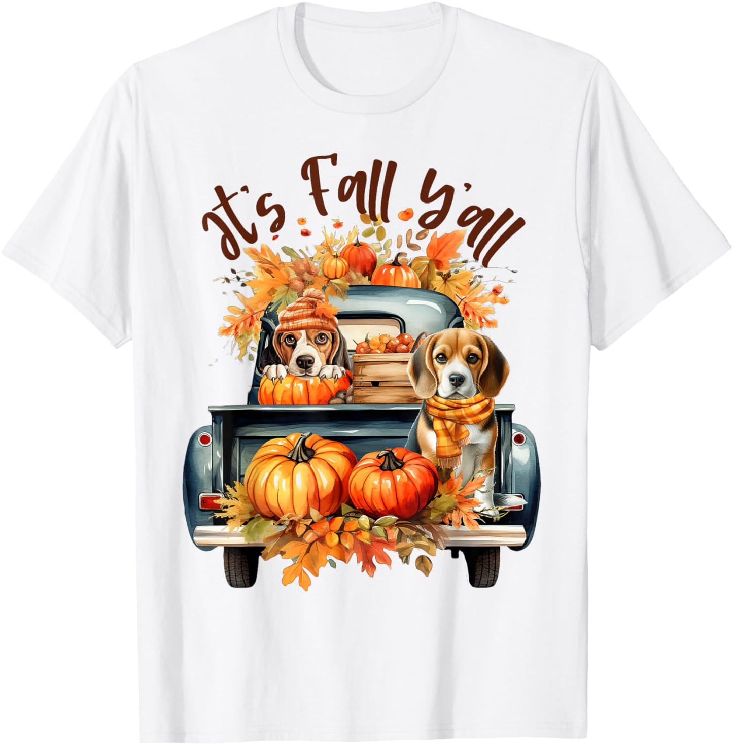 It’s Fall Y’all Beagle Dogs Pumpkins Truck Autumn Season T-Shirt - T-Shirt | White