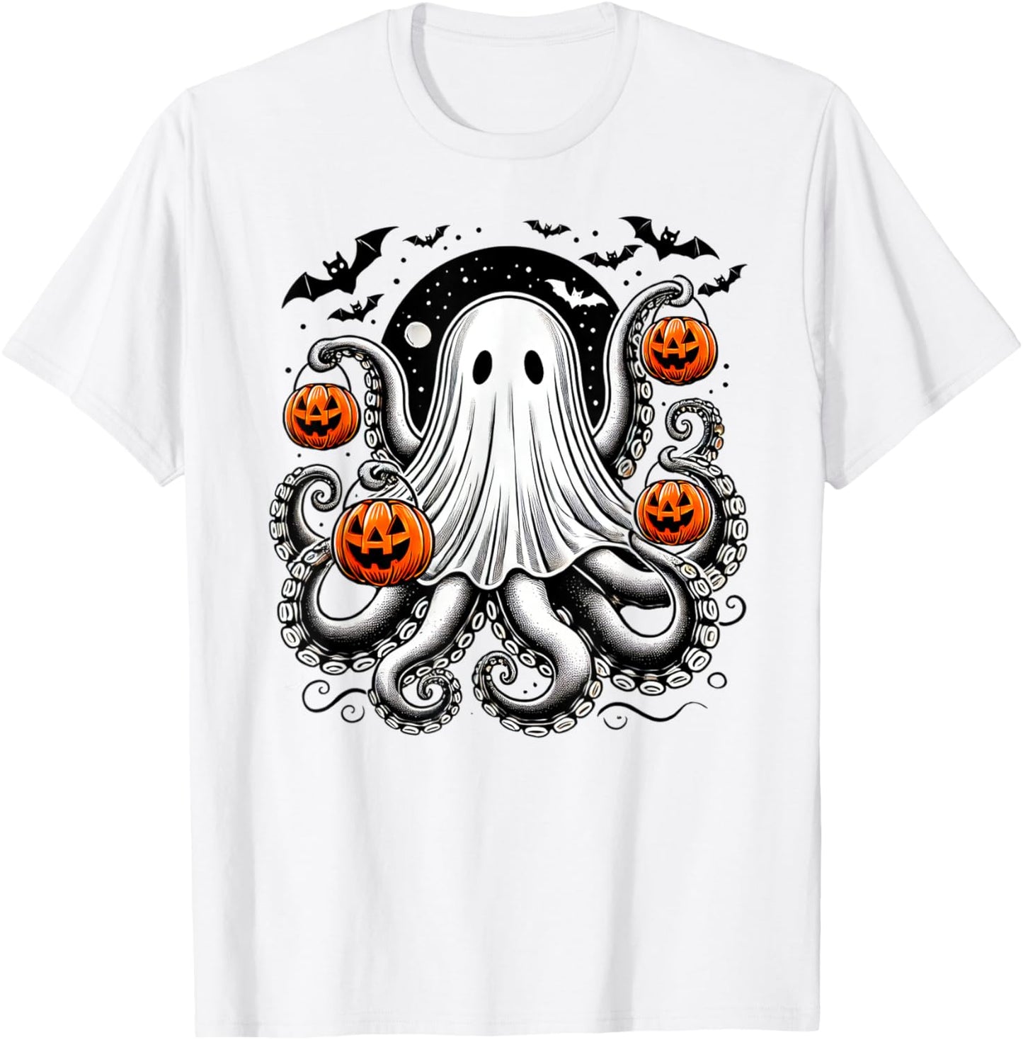 Spooky Tentacled Ghost Octopus - Halloween Kraken Pumpkins T-Shirt - T-Shirt | White