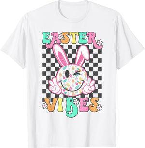 Retro Groovy Easter Vibes Bunny Checkered Smile Girls T-Shirt - T-Shirt | White