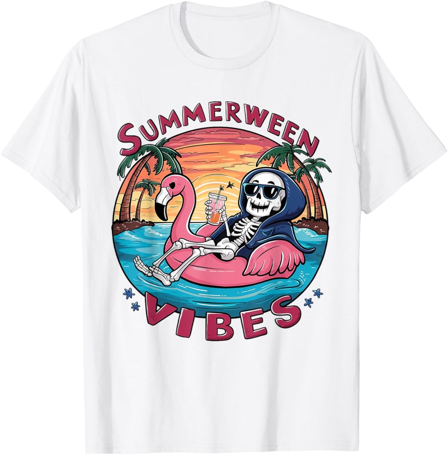 Summerween Vibes Halloween Summer Fun Flamingo Skeleton T-Shirt - T-Shirt | White
