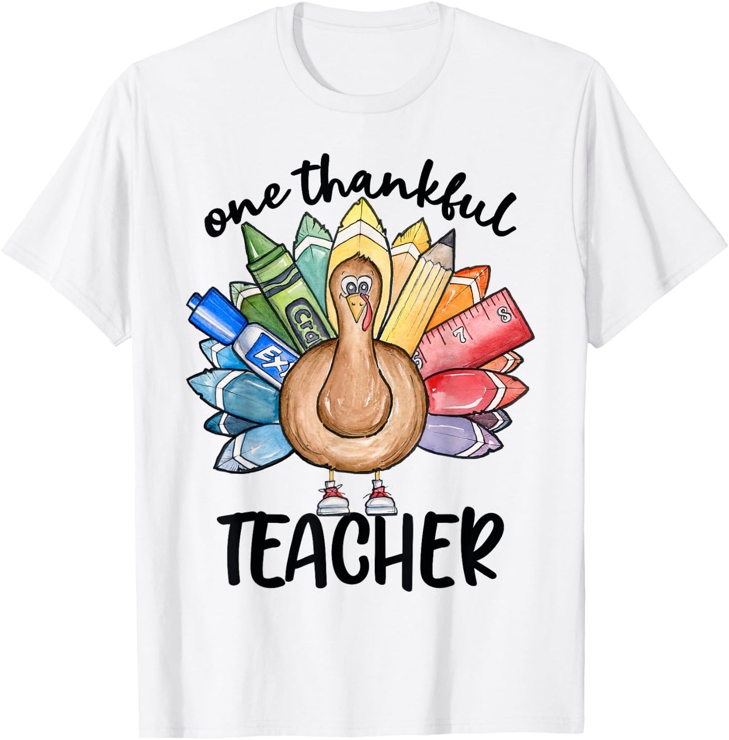 One Thankful Teacher Thanksgiving Turkey, Cute Crayon Pencil Women T-Shirt - T-Shirt | White