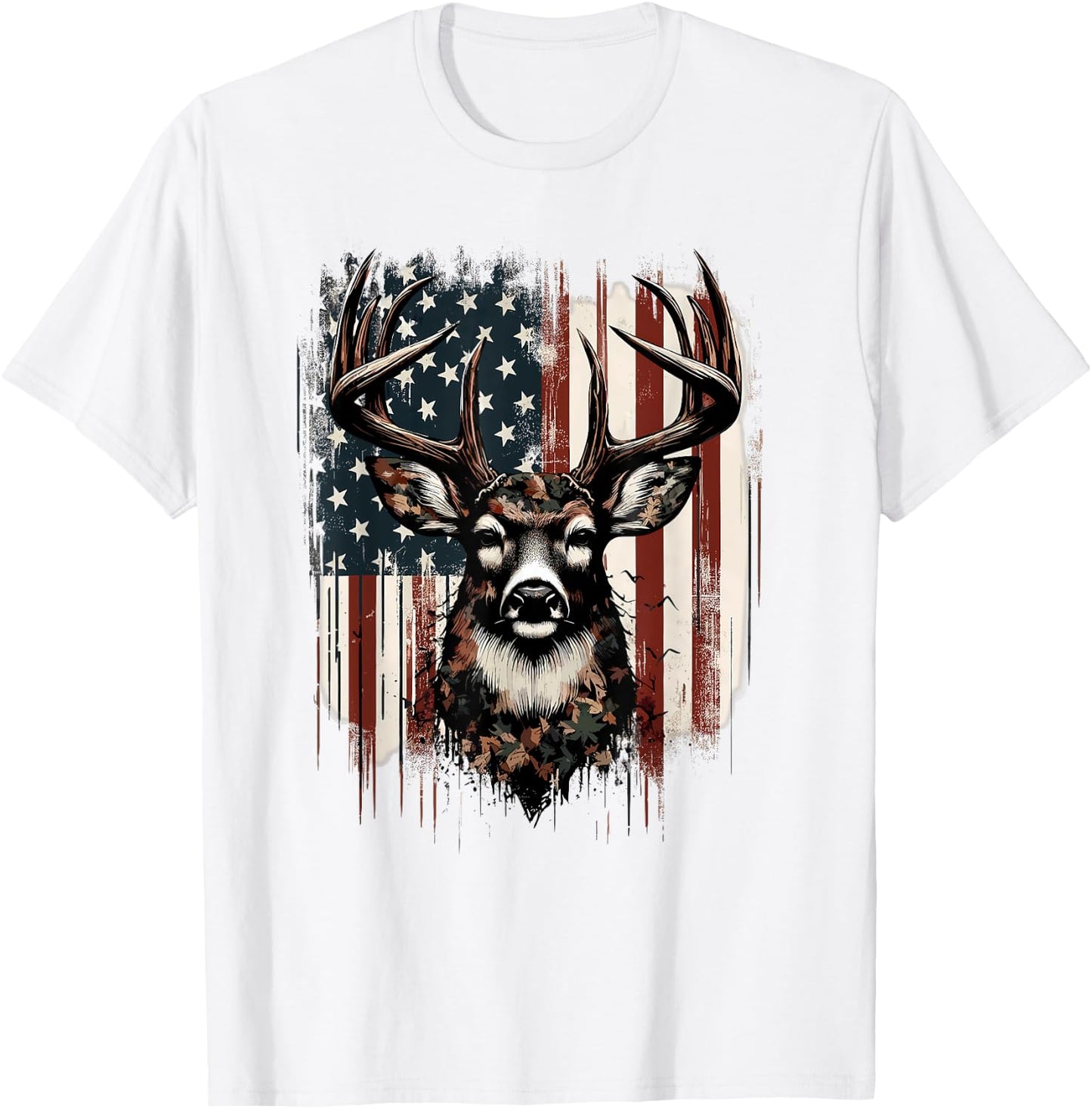 Deer Hunting American Flag Whitetail Buck Antlers T-Shirt - T-Shirt | White