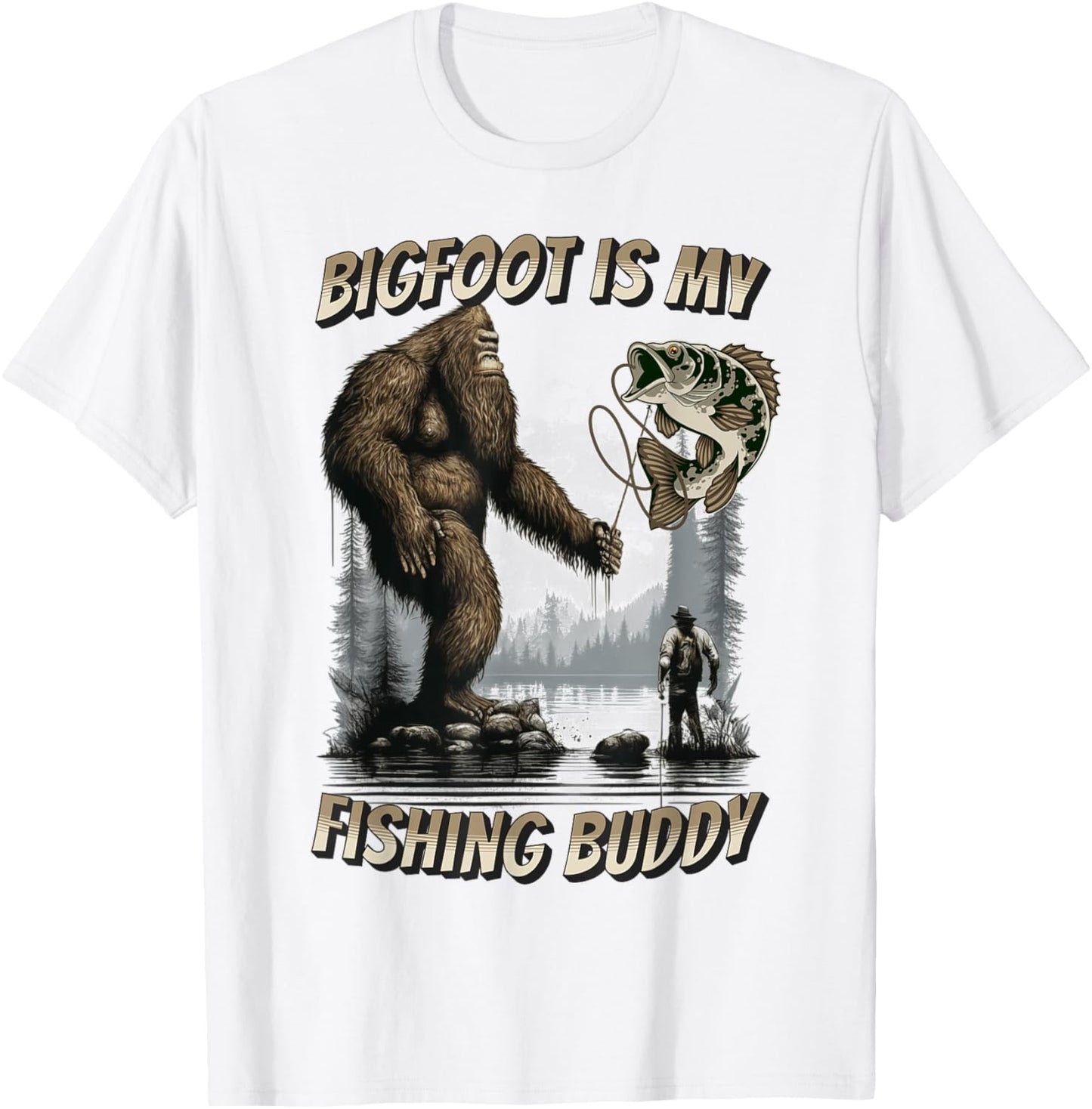 Bigfoot Style Bigfoot Fishing Funny Sasquatch Fish - -Adults, Kids - Blue - Short Sleeve - Small - Classic Fit - Cotton 100% T-Shirt - T-Shirt | White