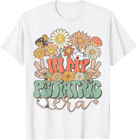 Matching Nurse In My Pediatric Era Floral Hippie Groovy T-Shirt - T-Shirt | White