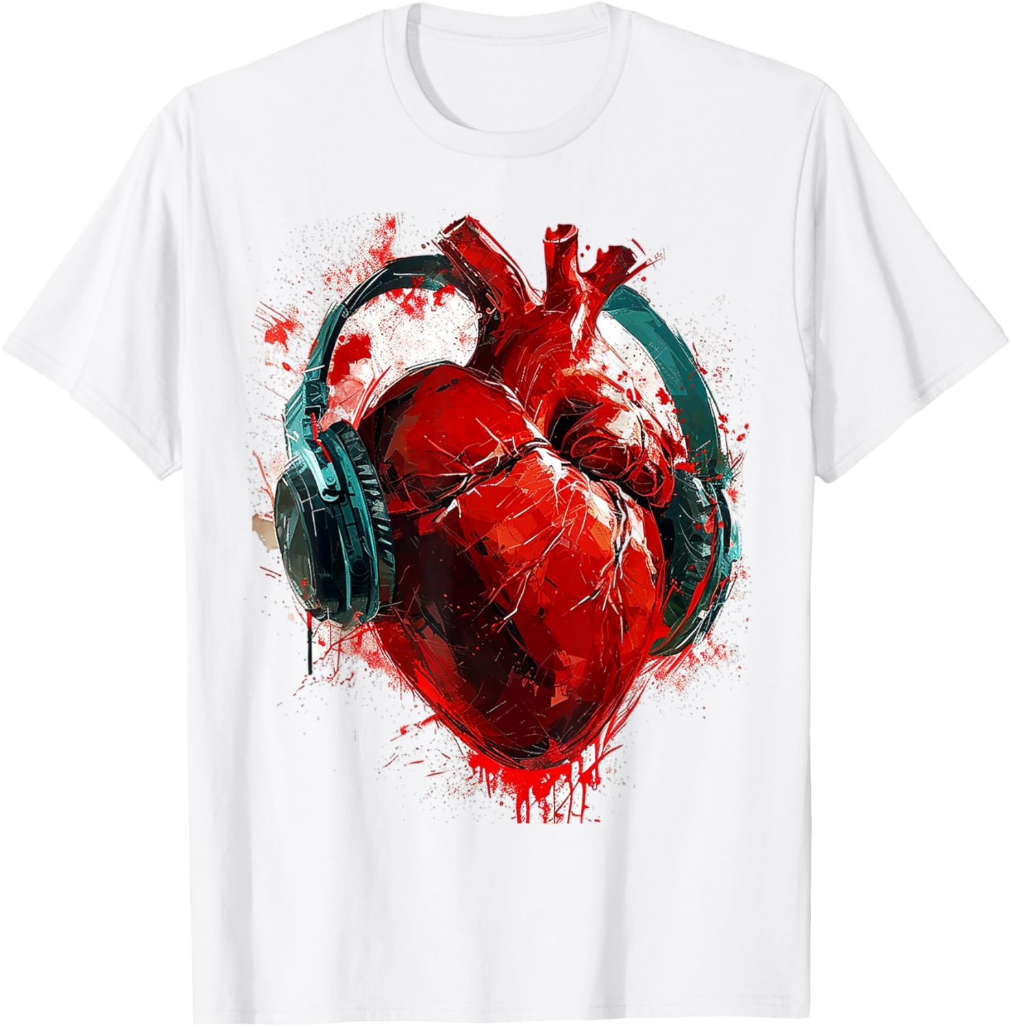 @rtY Heart Painting Headphone Art Abstract Graphic Heart , Small, White T-Shirt - T-Shirt | White
