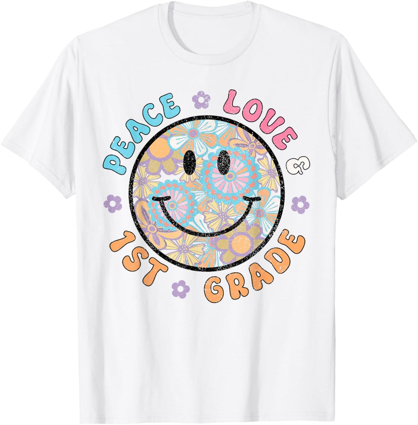 Groovy Peace Love FIRST GRADE Retro Teachers Back to School T-Shirt - T-Shirt | White