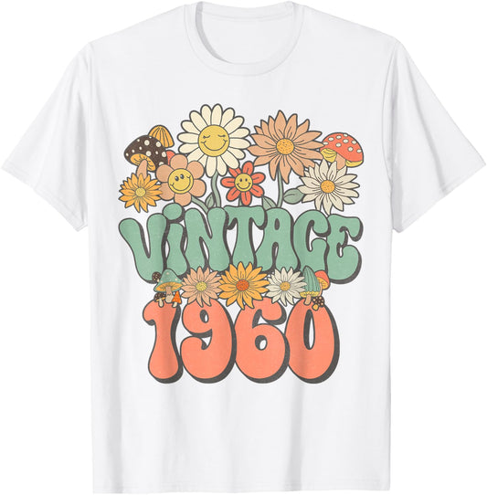 Vintage 1960 Daisy Hippie Groovy Wildflower 65th Birthday T-Shirt - T-Shirt | White