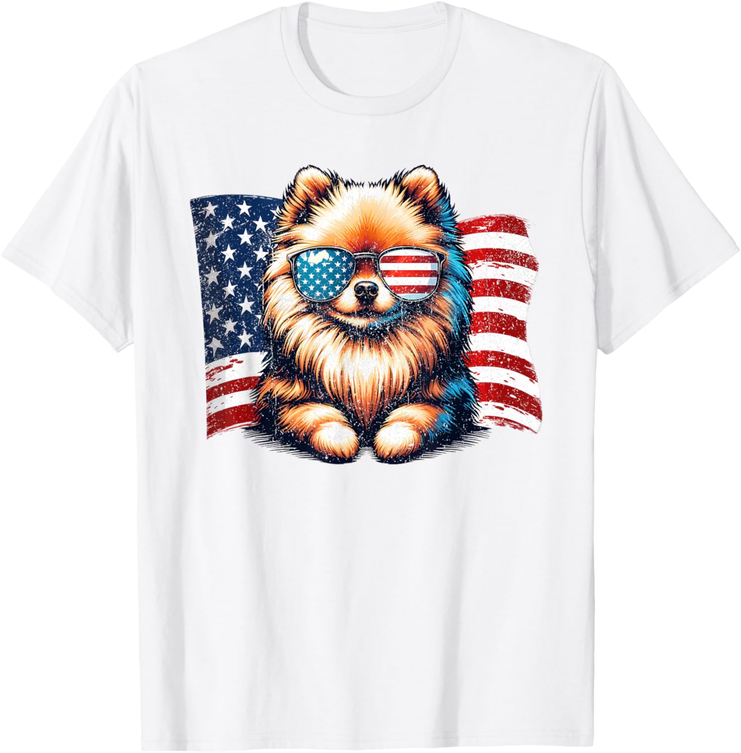 Vintage Pomeranian Dogs American Flag Sunglasses Patriotic T-Shirt - T-Shirt | White