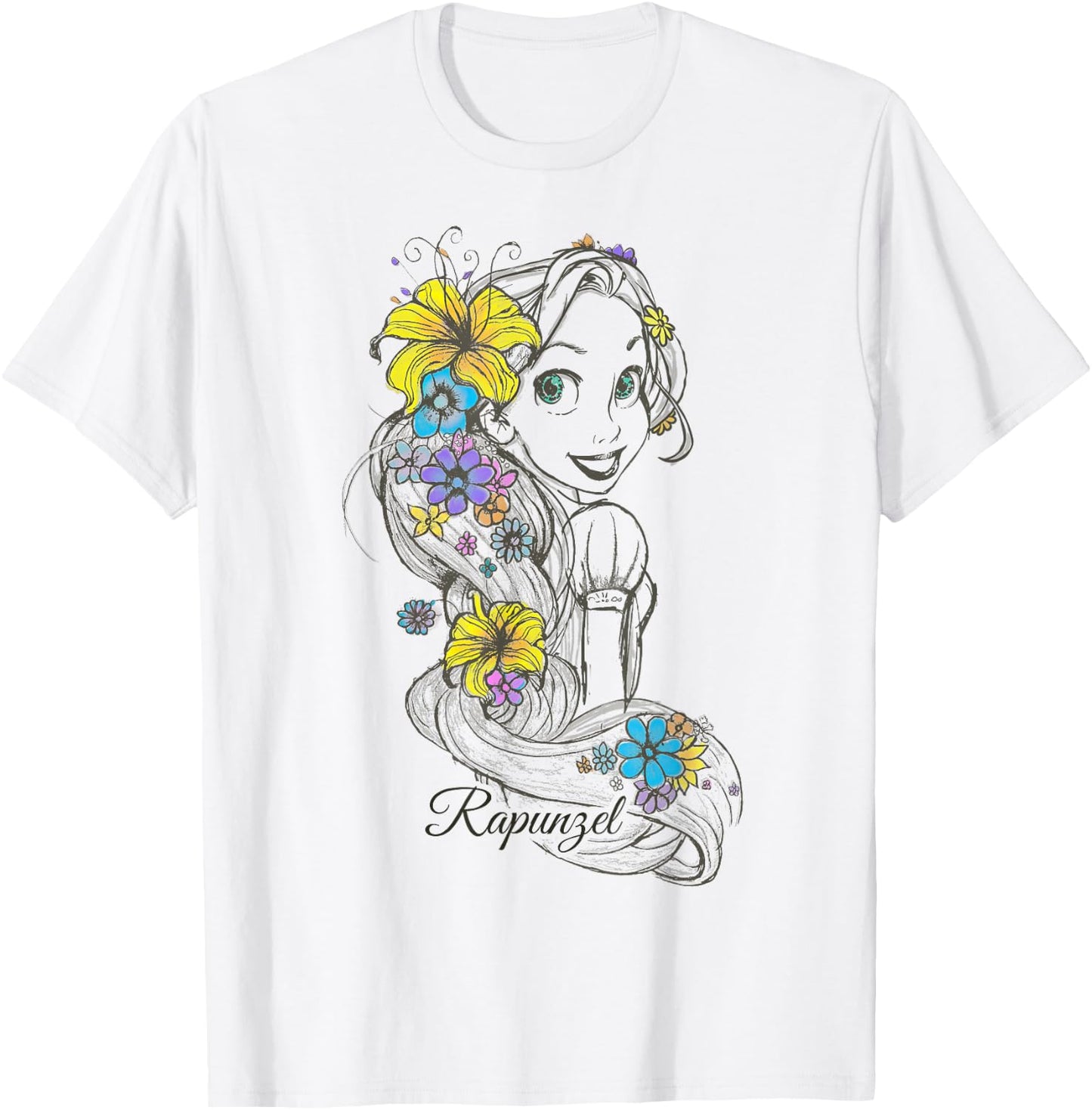 Disney Tangled Rapunzel Floral Sketch Portrait T-Shirt - T-Shirt | White