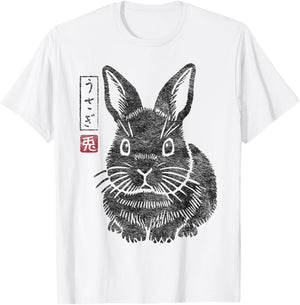 Grumpy Bunny Japanese Rabbit "Usagi" Kanji Traditional Art T-Shirt - T-Shirt | White