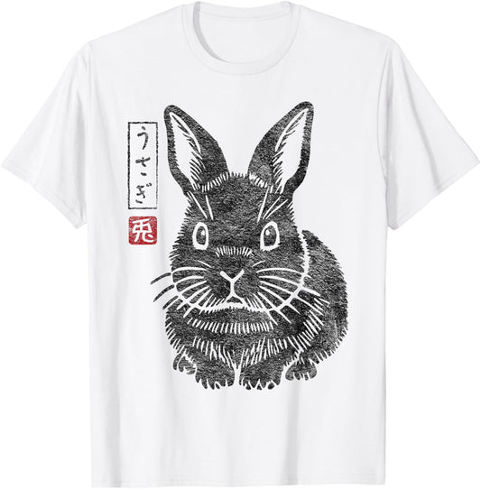 Grumpy Bunny Japanese Rabbit "Usagi" Kanji Traditional Art T-Shirt - T-Shirt | White