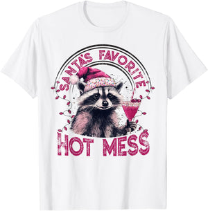 Santa's Favorite Hot Mess Christmas Funny Raccoon Lover Xmas T-Shirt - T-Shirt | White
