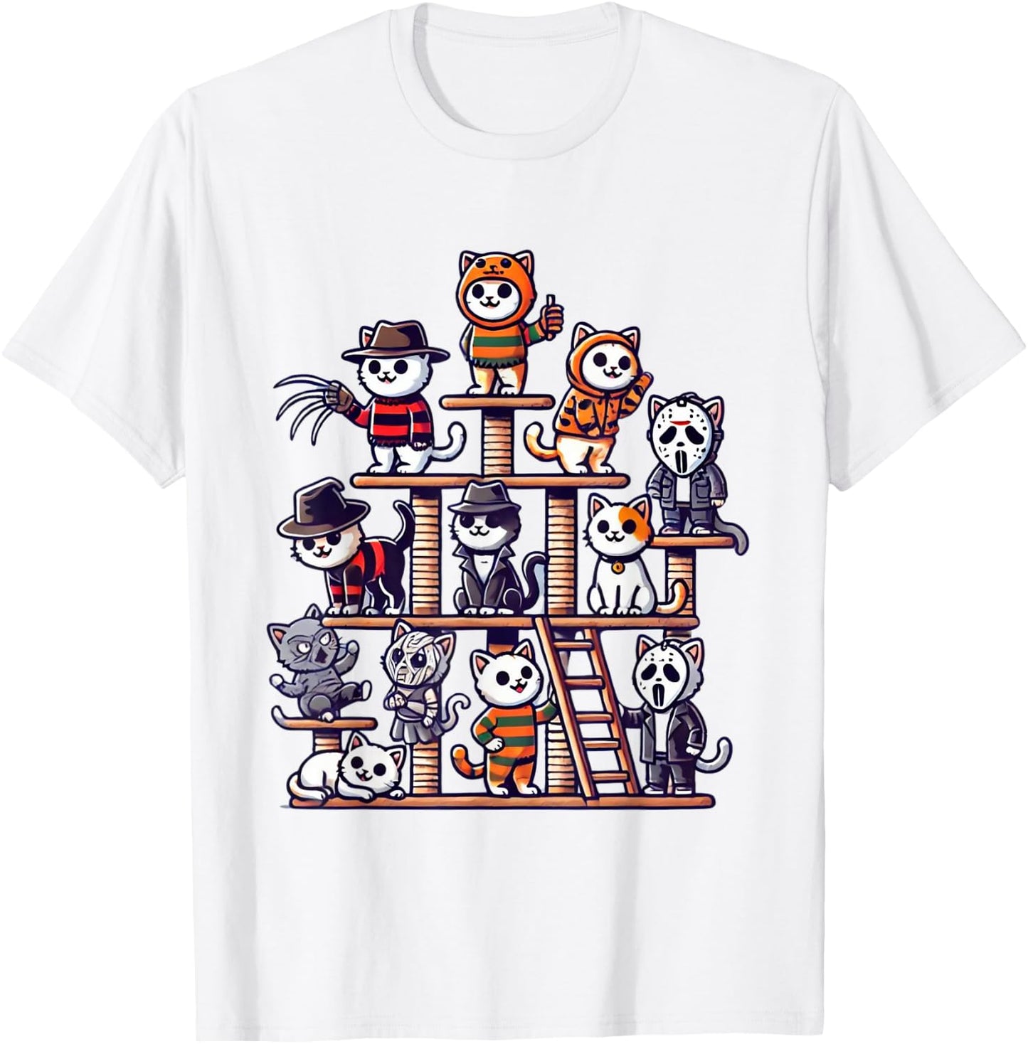 Funny Horror Movie Cats Playing On Cat Tree T-Shirt - T-Shirt | White