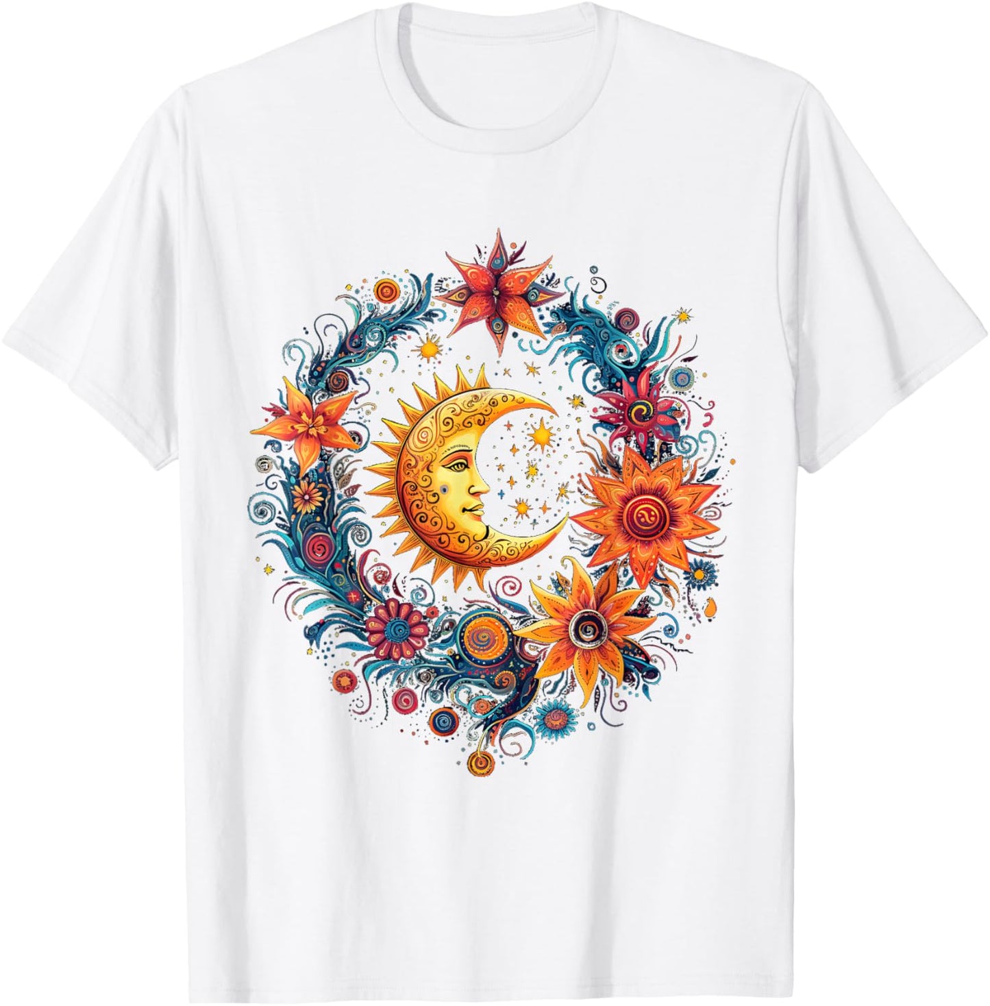 Mystical Sun and Moon with Woman Mystical Flowers Aesthetic T-Shirt - T-Shirt | White