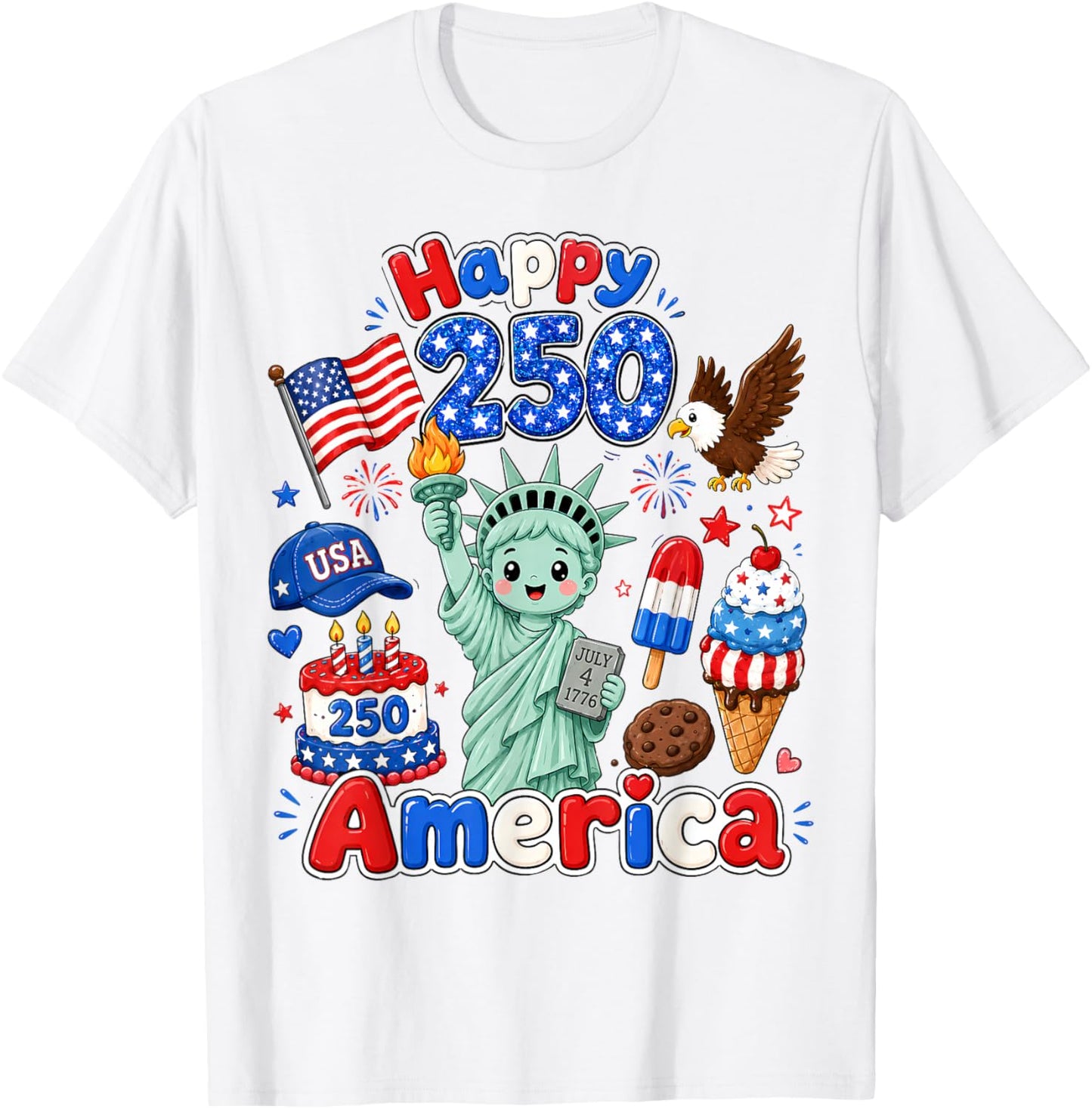 Boy Kids 4th of July Happy 250 America 1776-2026 Patriotic T-Shirt - T-Shirt | White