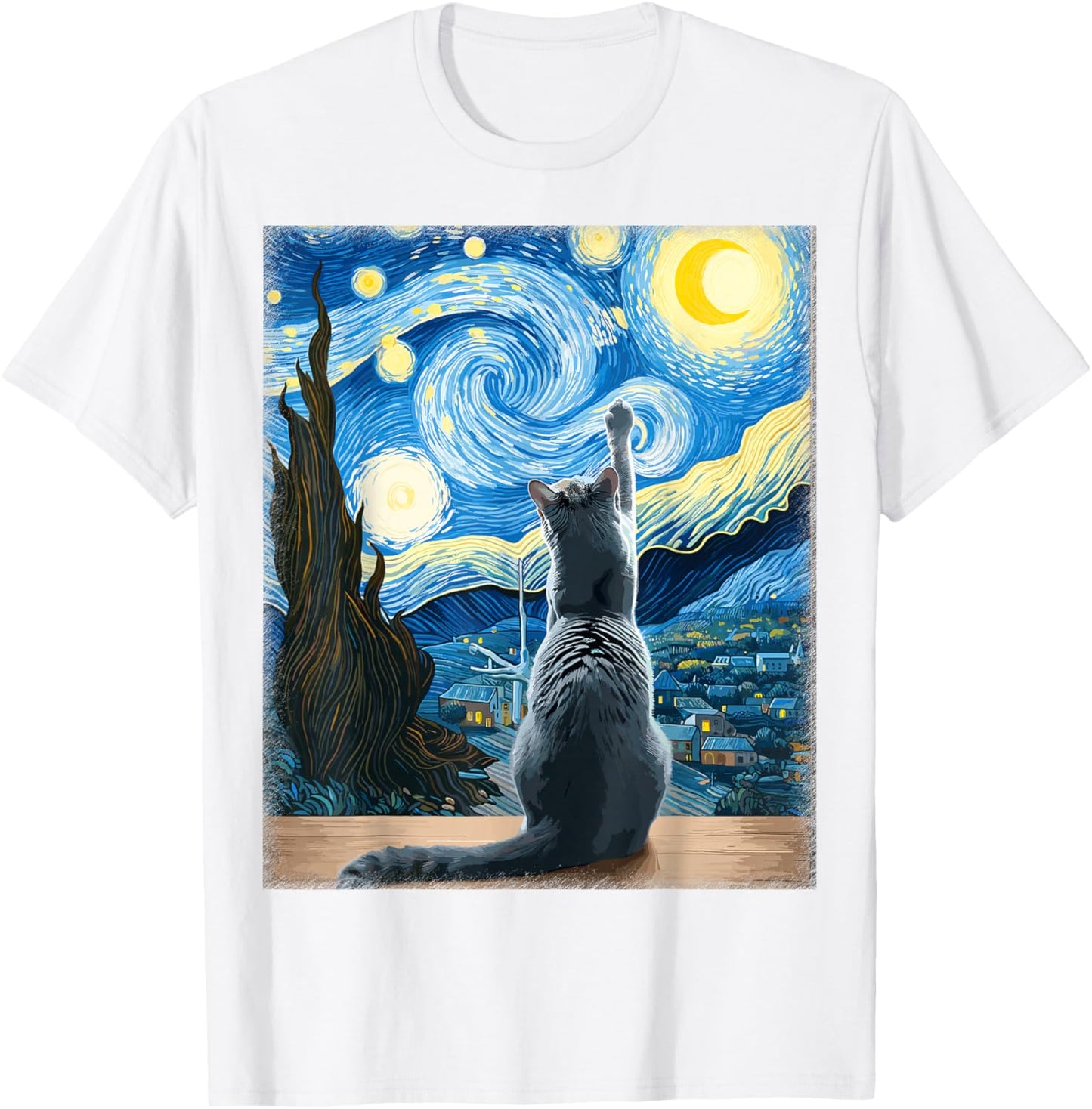 Van Gogh Starry Night Style Artistic Russian Blue Cat T-Shirt - T-Shirt | White