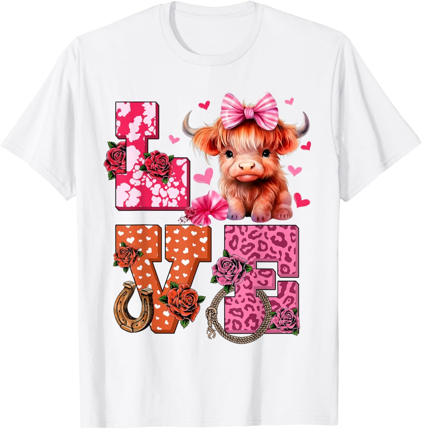 Cute Highland Cow And Pink Heart Valentines Day Love Leopard T-Shirt - T-Shirt | White