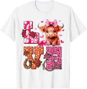 Cute Highland Cow And Pink Heart Valentines Day Love Leopard T-Shirt - T-Shirt | White