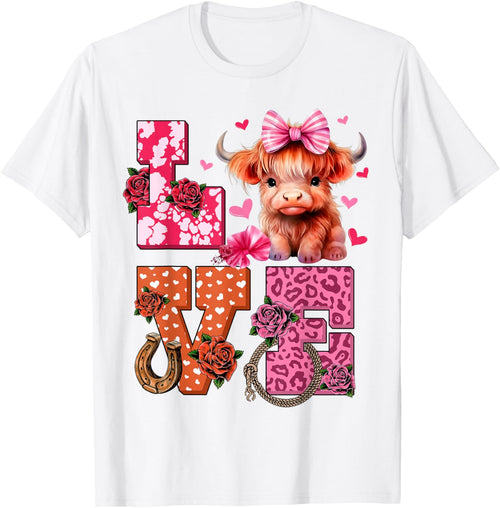 Cute Highland Cow And Pink Heart Valentines Day Love Leopard