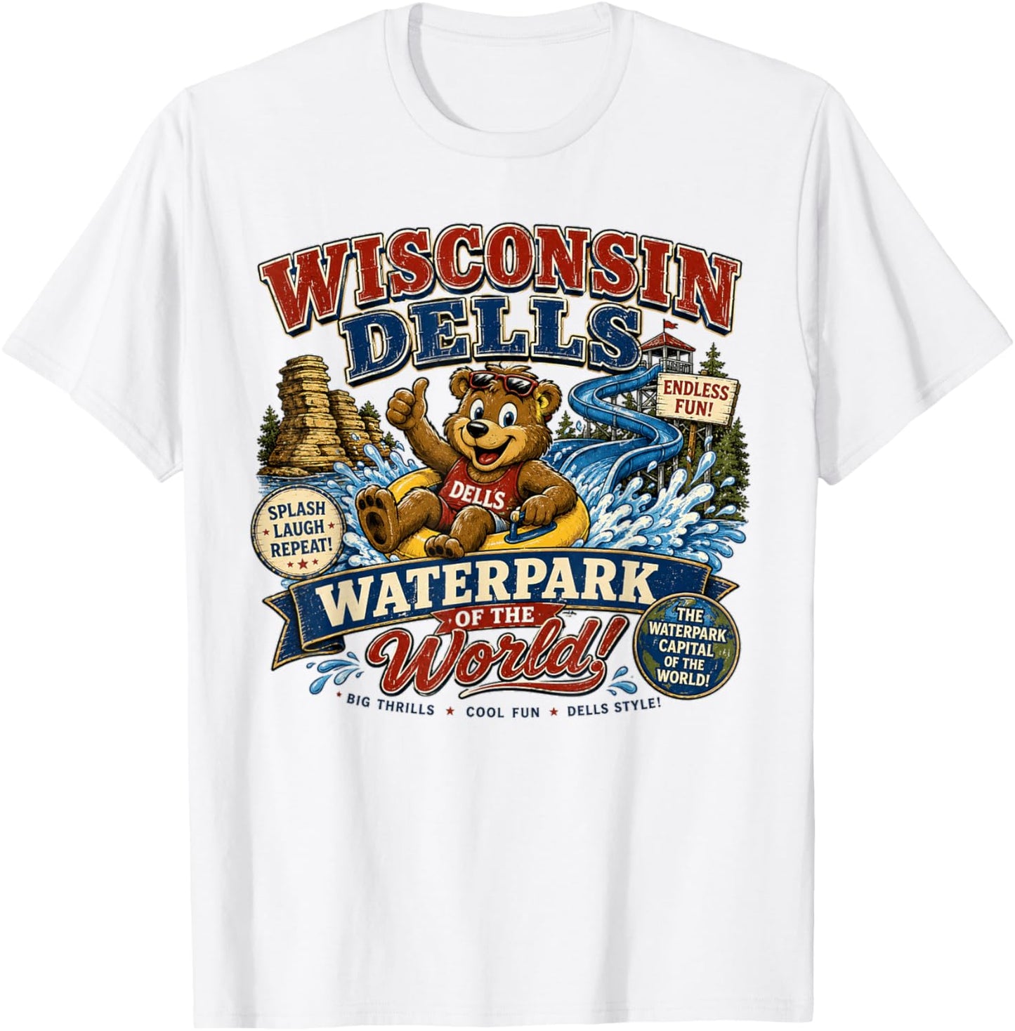 Wisconsin Dells Waterpark Capital - Vintage Bear Waterslide T-Shirt - T-Shirt | White