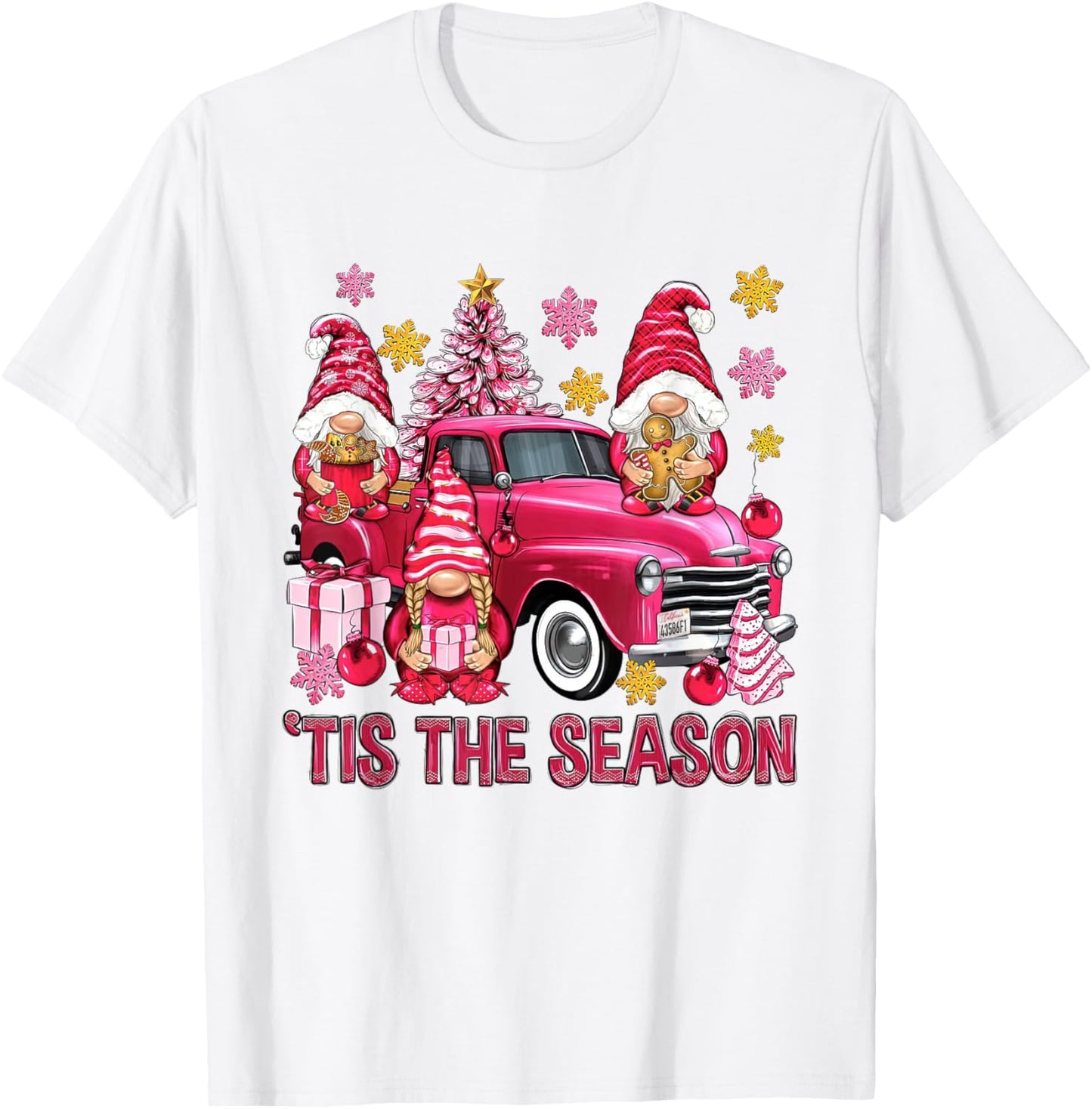 Tis The Season Pink Christmas Gnomes Pink Truck Xmas Holiday T-Shirt - T-Shirt | White