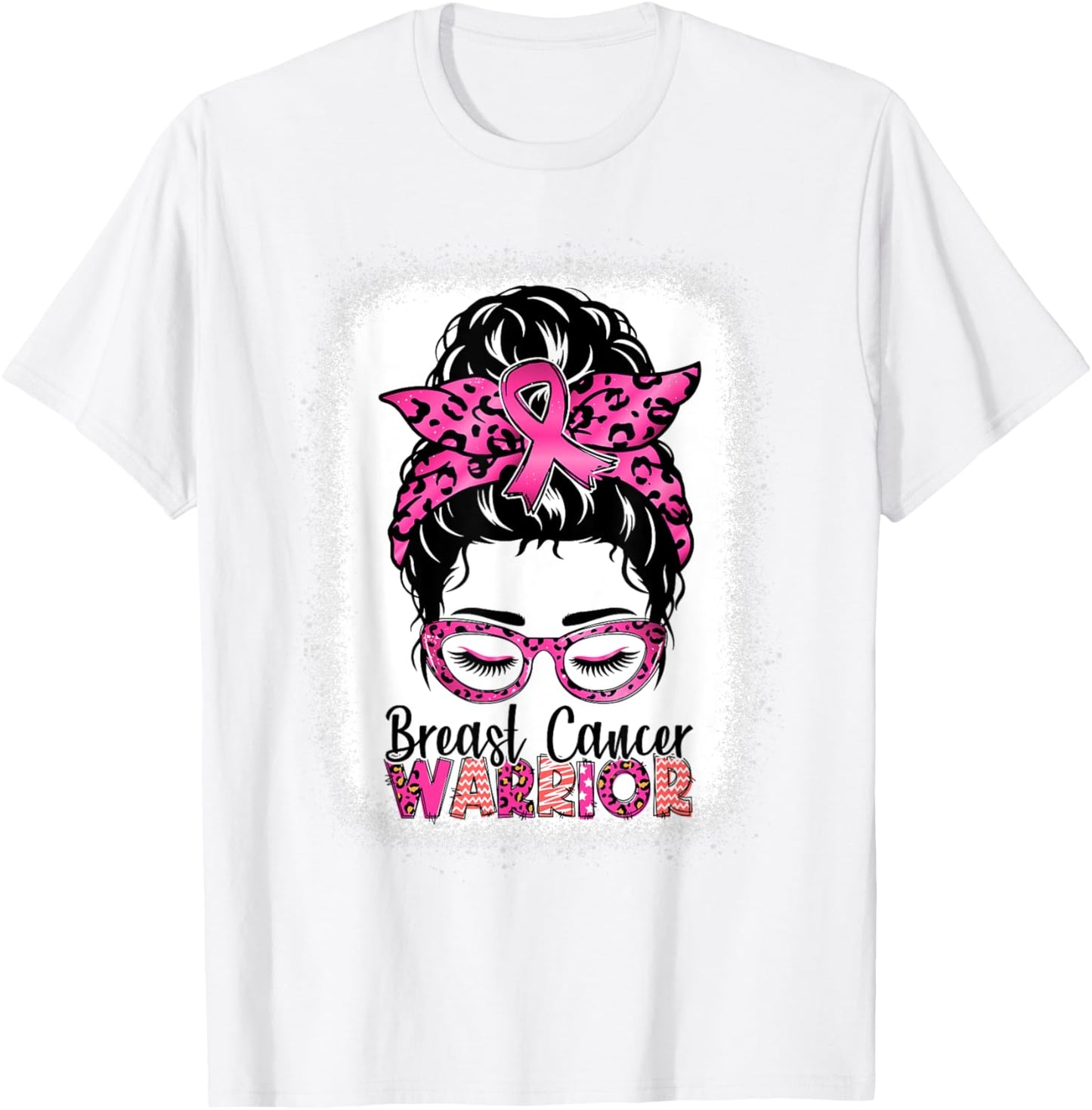 Messy Bun Wear Pink Warrior Breast Cancer Awareness Bleached T-Shirt - T-Shirt | White